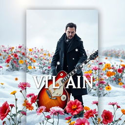 A digital book cover featuring an electric guitar and a villain standing side by side in a snowy landscape, surrounded by colorful flowers