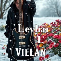 A digital book cover featuring an electric guitar and a villain standing side by side in a snowy landscape, surrounded by colorful flowers