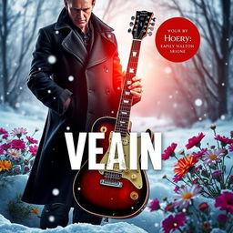 A digital book cover featuring an electric guitar and a villain standing side by side in a snowy landscape, surrounded by colorful flowers