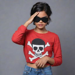 The Indian girl with short hair and a black eyepatch covering one eye, dressed in a vibrant red top and jeans, resembling a modern pirate.