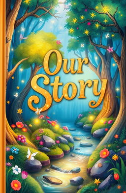 An illustrated storybook cover featuring a beautiful, mystical forest with vibrant colors and magical creatures