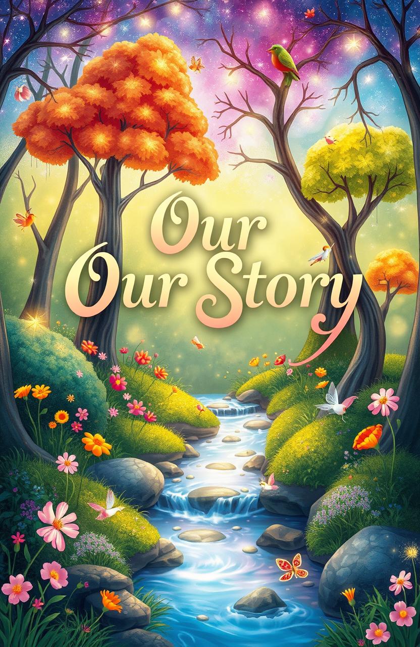 An illustrated storybook cover featuring a beautiful, mystical forest with vibrant colors and magical creatures