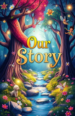 An illustrated storybook cover featuring a beautiful, mystical forest with vibrant colors and magical creatures