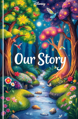 An illustrated storybook cover featuring a beautiful, mystical forest with vibrant colors and magical creatures