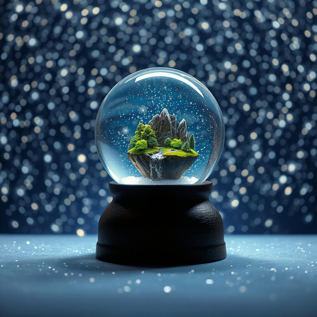 A delicate snow globe rests on a dark wooden base, featuring a small floating island with lush greenery and a sparkling waterfall, surrounded by a shimmering, starry void