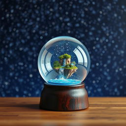 A delicate snow globe rests on a dark wooden base, featuring a small floating island with lush greenery and a sparkling waterfall, surrounded by a shimmering, starry void