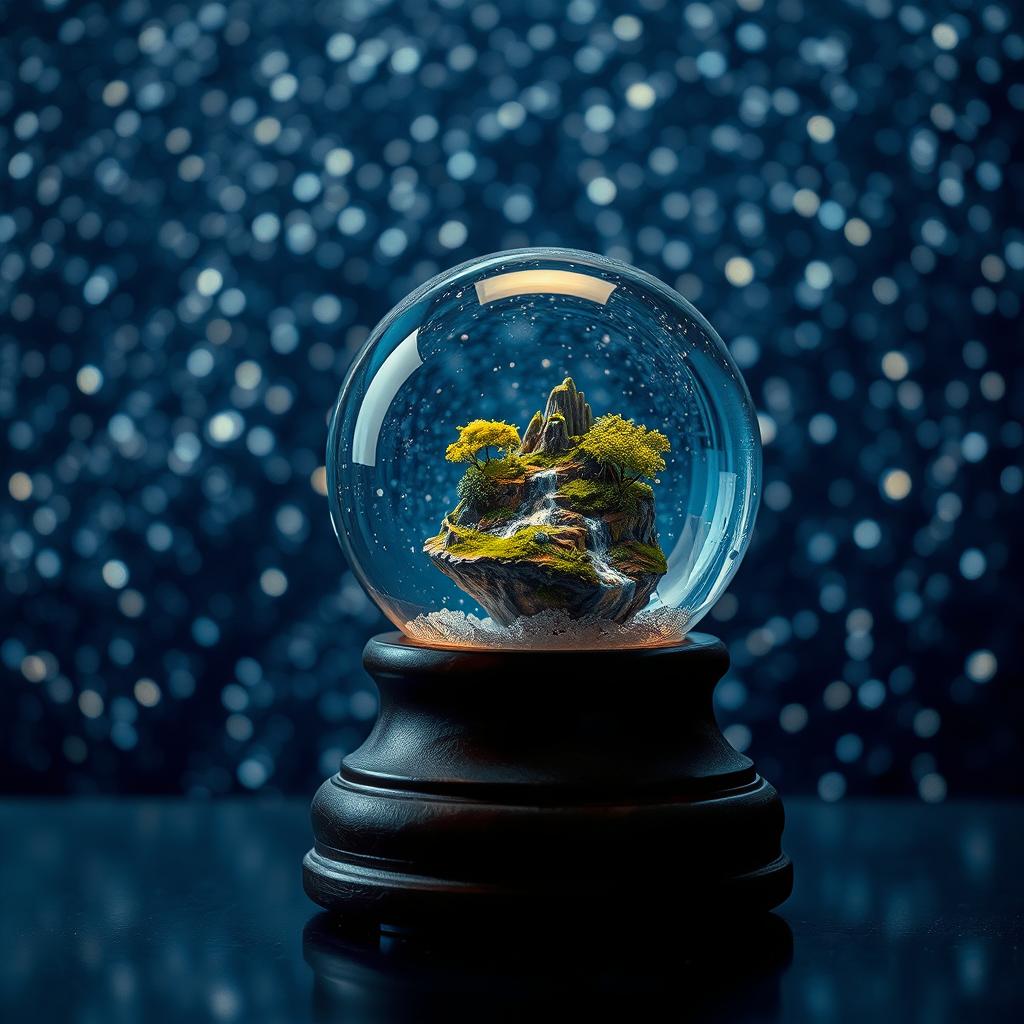 A delicate snow globe rests on a dark wooden base, featuring a small floating island with lush greenery and a sparkling waterfall, surrounded by a shimmering, starry void