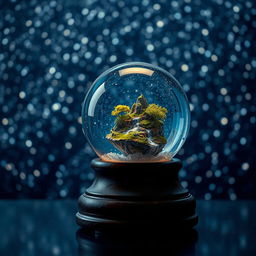 A delicate snow globe rests on a dark wooden base, featuring a small floating island with lush greenery and a sparkling waterfall, surrounded by a shimmering, starry void