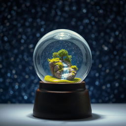 A delicate snow globe rests on a dark wooden base, featuring a small floating island with lush greenery and a sparkling waterfall, surrounded by a shimmering, starry void