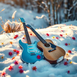 A vibrant and engaging digital book cover featuring an electric guitar and an acoustic guitar side by side in a beautiful snowy landscape