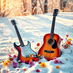 A vibrant and engaging digital book cover featuring an electric guitar and an acoustic guitar side by side in a beautiful snowy landscape