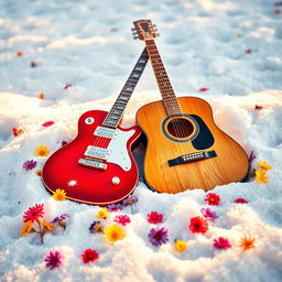 A vibrant and engaging digital book cover featuring an electric guitar and an acoustic guitar side by side in a beautiful snowy landscape