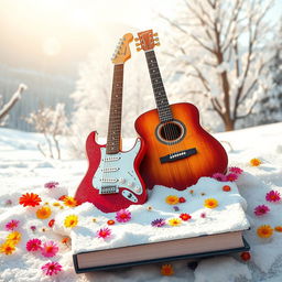 A vibrant and engaging digital book cover featuring an electric guitar and an acoustic guitar side by side in a beautiful snowy landscape