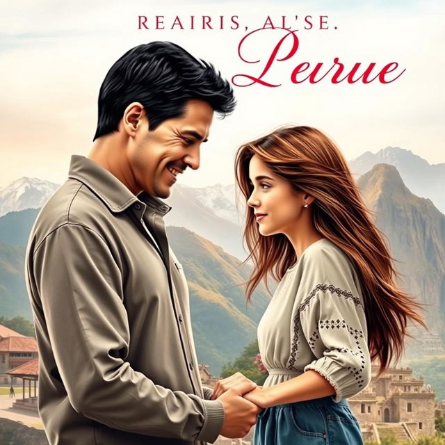 A romantic novel cover depicting a mature, charming man in his 30s, with short dark hair and a warm smile, gazing affectionately at a beautiful woman in her late 20s, with long flowing hair and a soft, kind expression