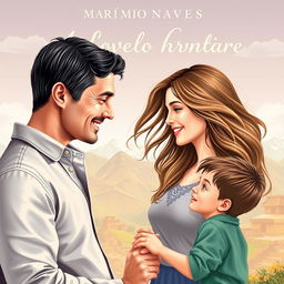 A romantic novel cover depicting a mature, charming man in his 30s, with short dark hair and a warm smile, gazing affectionately at a beautiful woman in her late 20s, with long flowing hair and a soft, kind expression