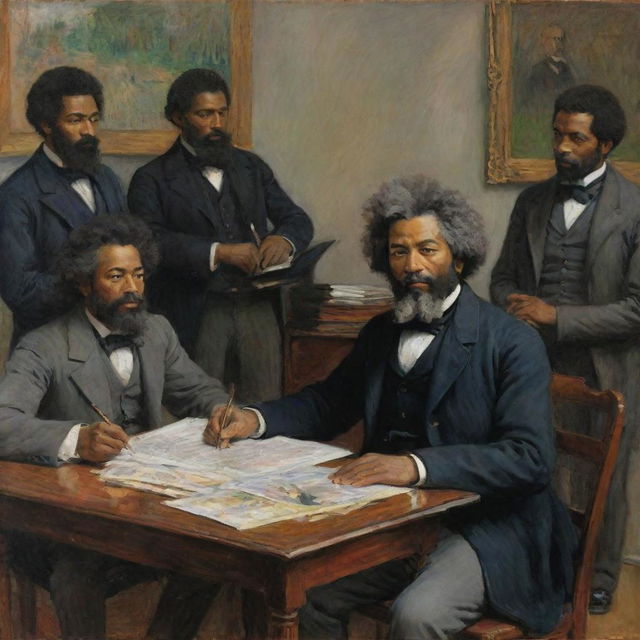 Create an image in Claude Monet's style showcasing a young, 20-year-old Frederick Douglass drawing the attention of a group of abolitionists. The scene radiates respect and admiration, evident in the vibrant impressionistic strokes painting the observers and surroundings.