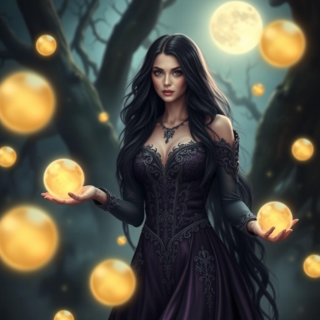 A beautiful witch standing in a mystical forest, surrounded by glowing magical orbs