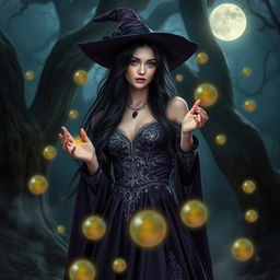 A beautiful witch standing in a mystical forest, surrounded by glowing magical orbs