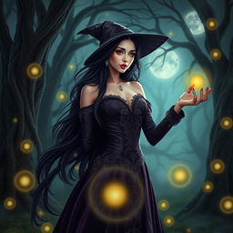 A beautiful witch standing in a mystical forest, surrounded by glowing magical orbs