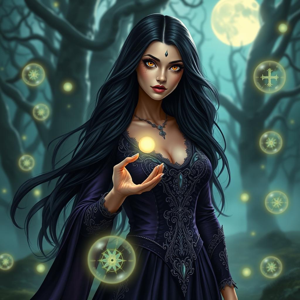 A beautiful witch standing in a mystical forest, surrounded by glowing magical orbs