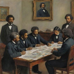 Create an image in Claude Monet's style showcasing a young, 20-year-old Frederick Douglass drawing the attention of a group of abolitionists. The scene radiates respect and admiration, evident in the vibrant impressionistic strokes painting the observers and surroundings.