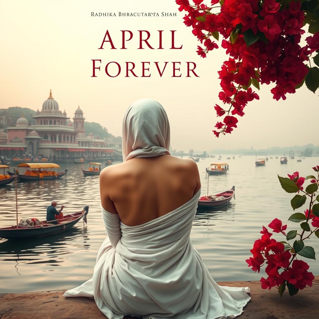 A serene and evocative book cover design titled 'April Forever' by Radhika Bhattacharyya Shah