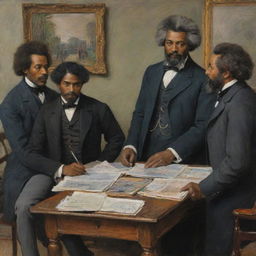 Create an image in Claude Monet's style showcasing a young, 20-year-old Frederick Douglass drawing the attention of a group of abolitionists. The scene radiates respect and admiration, evident in the vibrant impressionistic strokes painting the observers and surroundings.