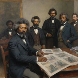 Create an image in Claude Monet's style showcasing a young, 20-year-old Frederick Douglass drawing the attention of a group of abolitionists. The scene radiates respect and admiration, evident in the vibrant impressionistic strokes painting the observers and surroundings.