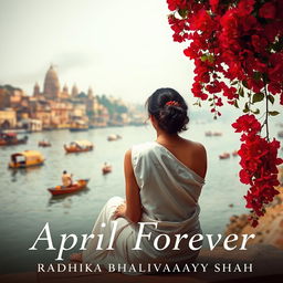 A slender woman sitting with her back to the viewer, wearing a white sari, gazing towards the picturesque Varanasi Banks