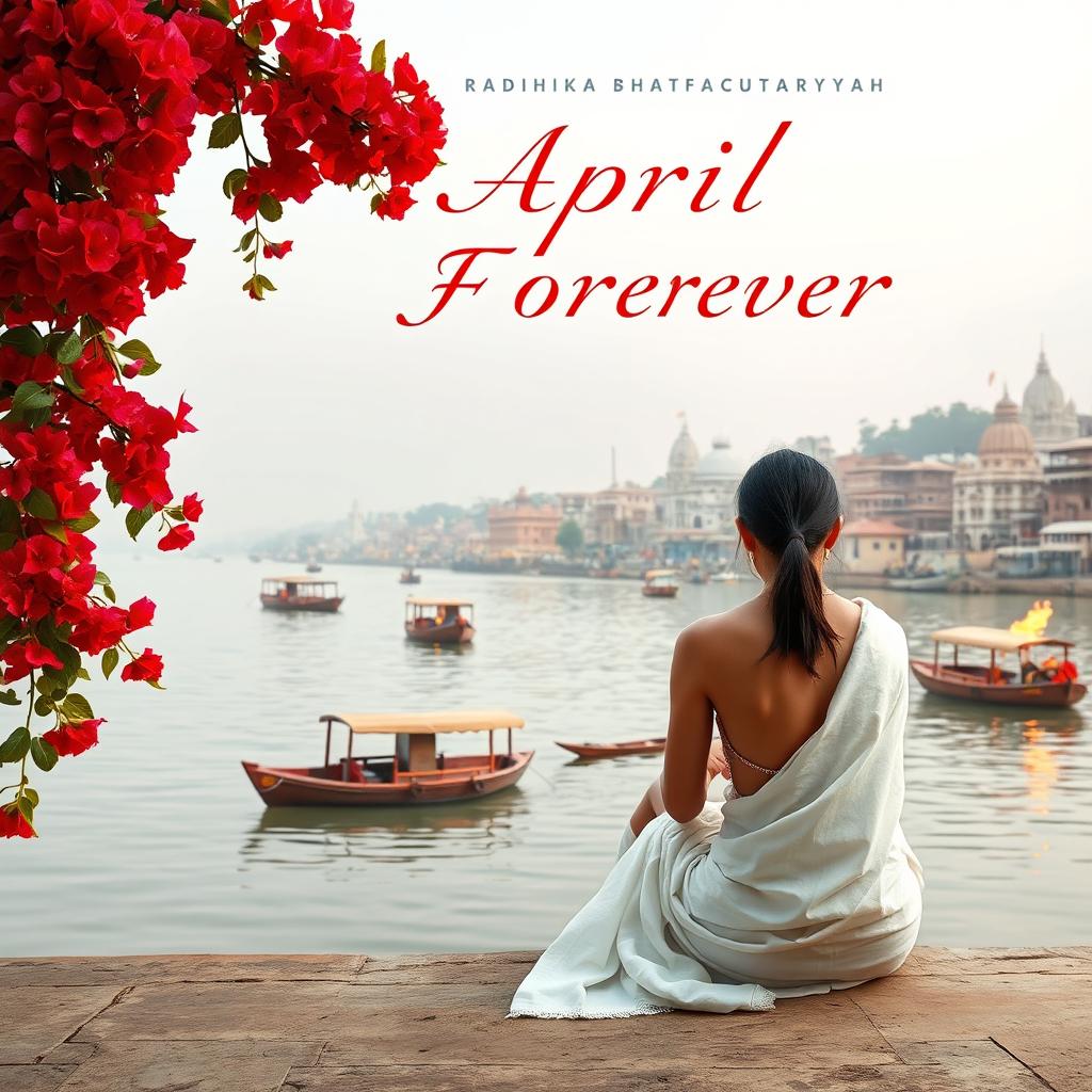 A slender woman sitting with her back to the viewer, wearing a white sari, gazing towards the picturesque Varanasi Banks