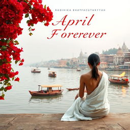 A slender woman sitting with her back to the viewer, wearing a white sari, gazing towards the picturesque Varanasi Banks