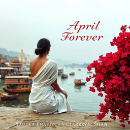 A slender woman sitting with her back to the viewer, wearing a white sari, gazing towards the picturesque Varanasi Banks