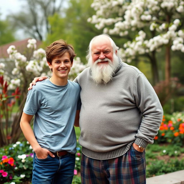 A young man and an elderly man posing together for a photo, both smiling warmly