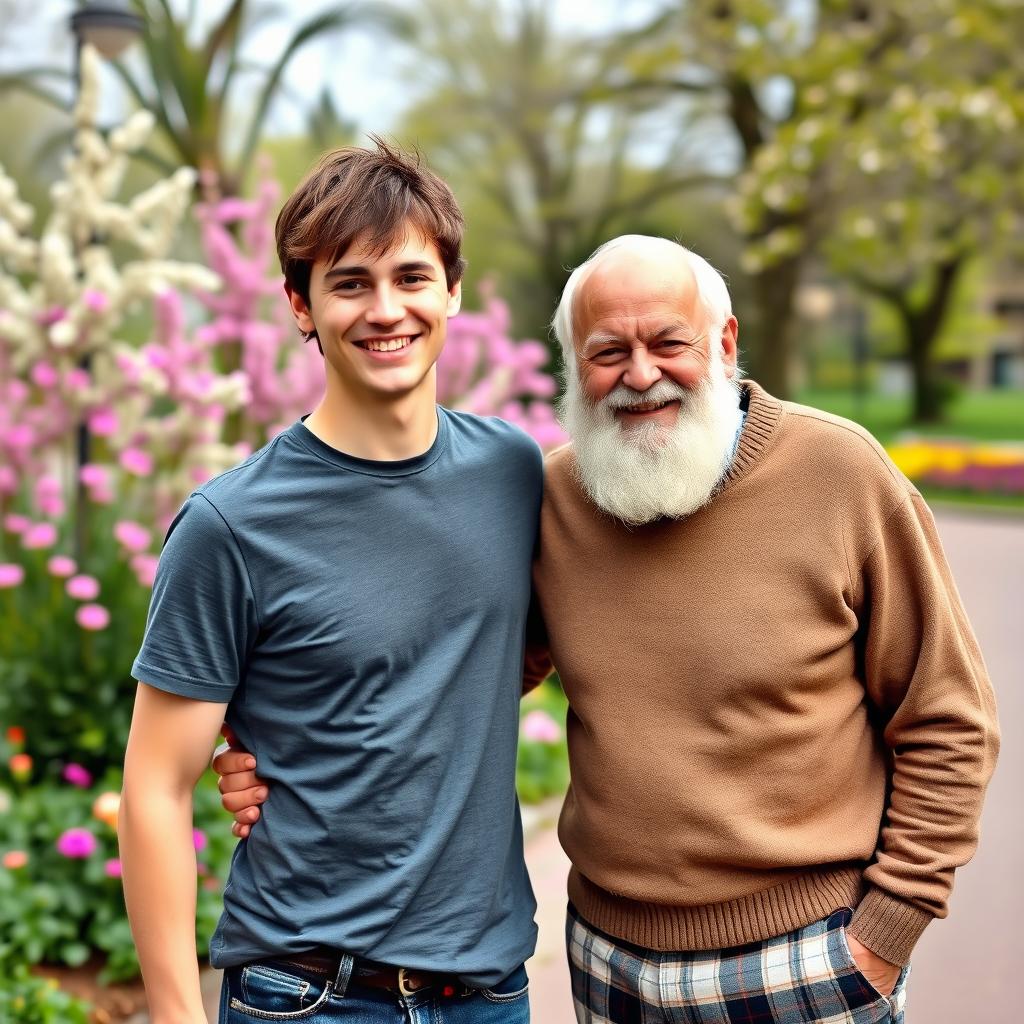 A young man and an elderly man posing together for a photo, both smiling warmly