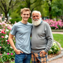 A young man and an elderly man posing together for a photo, both smiling warmly