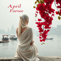 A slender woman dressed in a flowing white sari sits with her back to the viewer, her head covered, as she gazes towards the serene banks of Varanasi