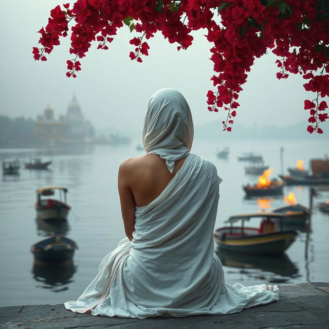 A slender woman dressed in a flowing white sari sits with her back to the viewer, her head covered, as she gazes towards the serene banks of Varanasi