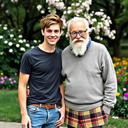 A young man and an elderly man posing together for a photo, both smiling warmly