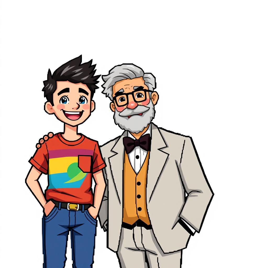 A pixel art scene featuring a young man and an older gentleman posing together against a white background for a photo