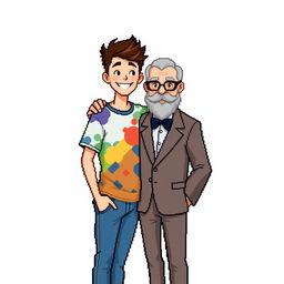 A pixel art scene featuring a young man and an older gentleman posing together against a white background for a photo