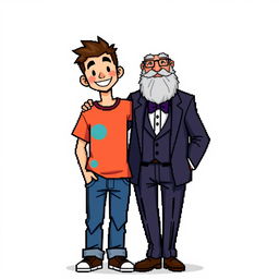 A pixel art scene featuring a young man and an older gentleman posing together against a white background for a photo