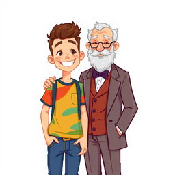 A pixel art scene featuring a young man and an older gentleman posing together against a white background for a photo