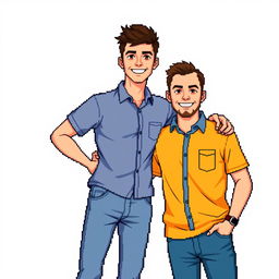 A pixel art scene featuring a young man and a 30-year-old man posing together against a white background for a photo