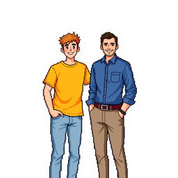 A pixel art scene featuring a young man and a 30-year-old man posing together against a white background for a photo