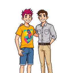 A pixel art illustration featuring a young man and a 30-year-old man posing together against a white background for a photo