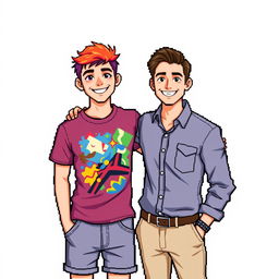 A pixel art illustration featuring a young man and a 30-year-old man posing together against a white background for a photo