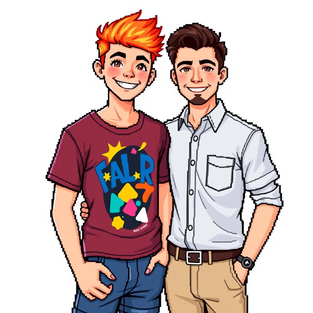 A pixel art illustration featuring a young man and a 30-year-old man posing together against a white background for a photo