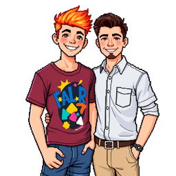 A pixel art illustration featuring a young man and a 30-year-old man posing together against a white background for a photo