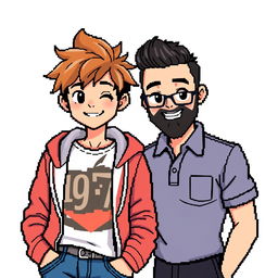 A pixel art illustration featuring a 17-year-old young man and a 30-year-old man posing together against a white background for a photo