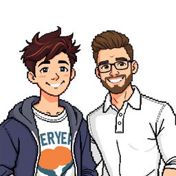 A pixel art illustration featuring a 17-year-old young man and a 30-year-old man posing together against a white background for a photo